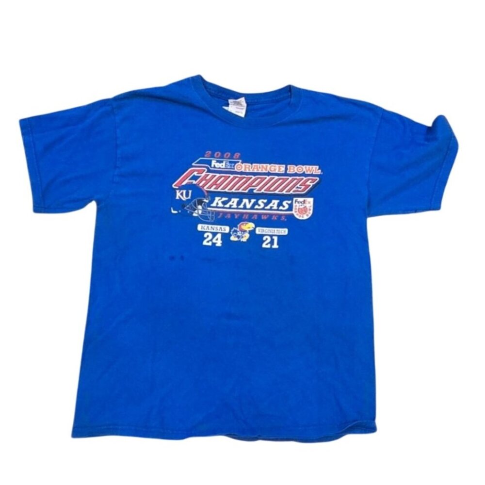 2008 KU T Shirt AS IS Kansas Jayhawks Orange Bowl Champions Blue Gildan Size L